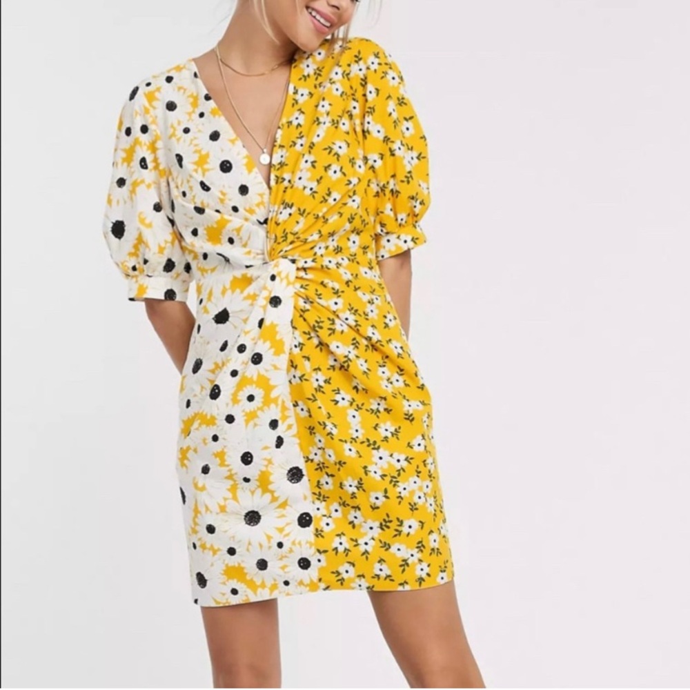 Cotton daisy print deep v yellow ASOS dress sz 6